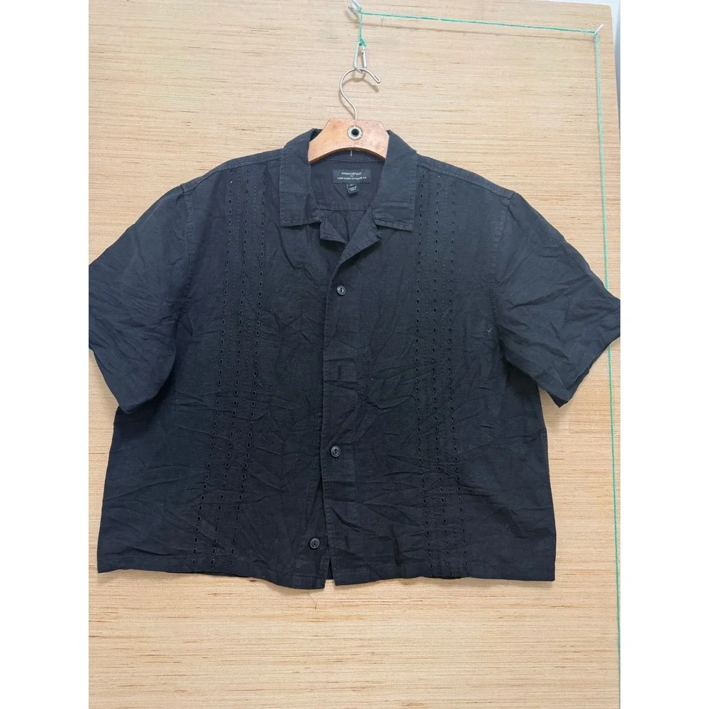 Banana Republic Black Linen Blend Eyelet Standard Fit Short Sleeve Shirt Tall M